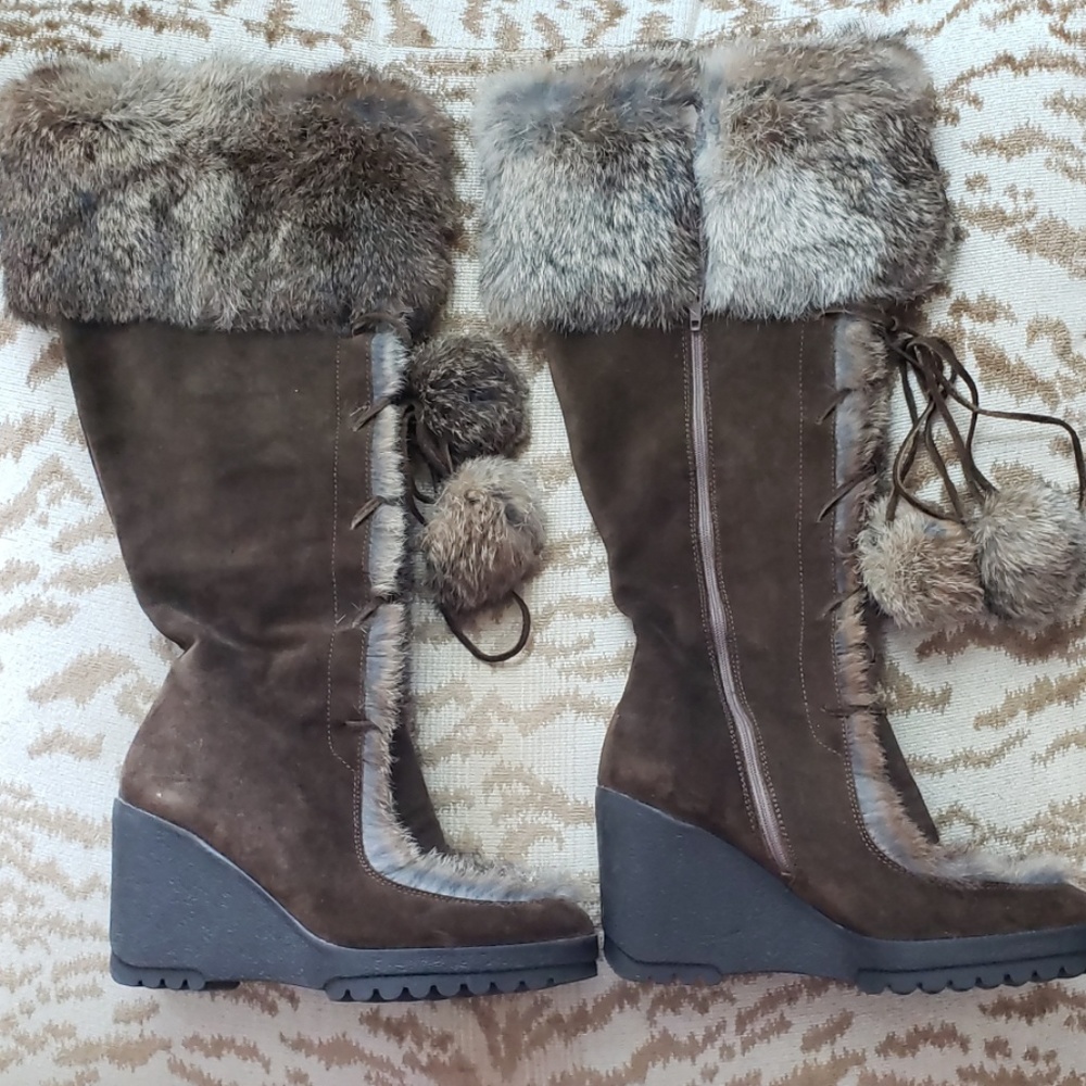 COACH Karita Suede & Natural Fur Wedge Heel Boots